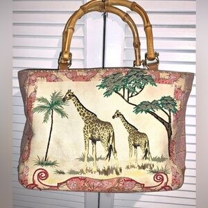 Vintage Bueno Wearable Art Giraffe Safari Beaded Purse Bamboo Handles 10”X14”
